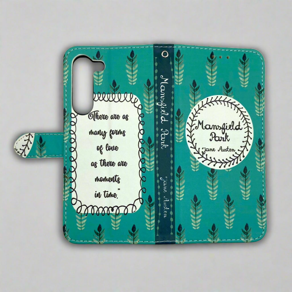 The front and back of a book-shaped, phone case inspired by Mansfield Park by Jane Austen.