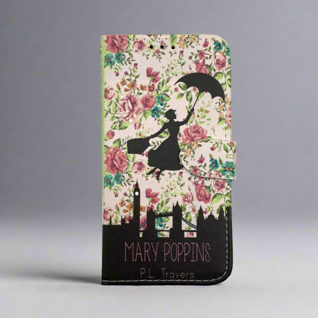 The front cover of a book-shaped phone case inspired by Mary Poppins by P.L. Travers.