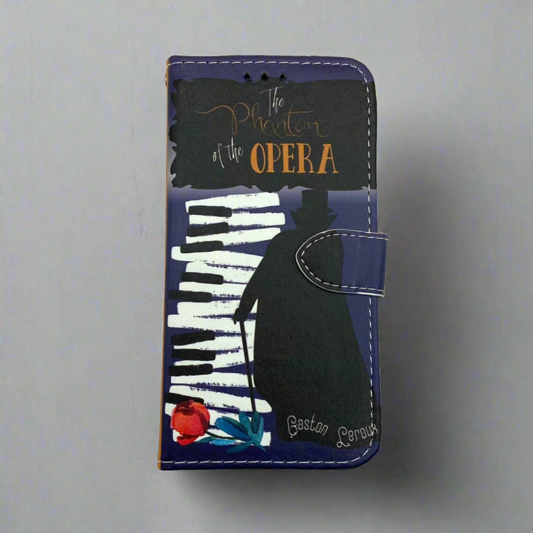 The front of a book-shaped phone case inspired by The Phantom of the Opera by Gaston Leroux.