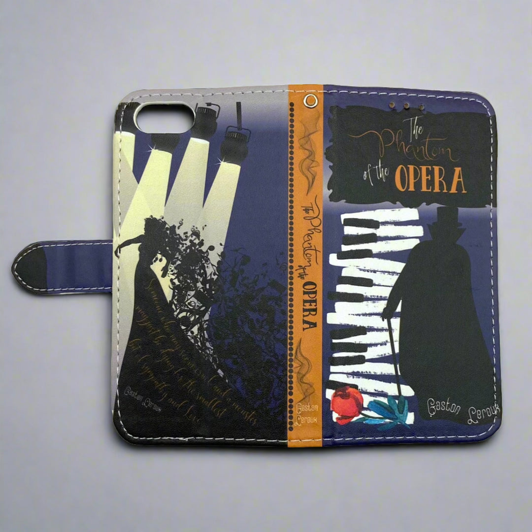 The front and back of a book-shaped phone case inspired by The Phantom of the Opera by Gaston Leroux.
