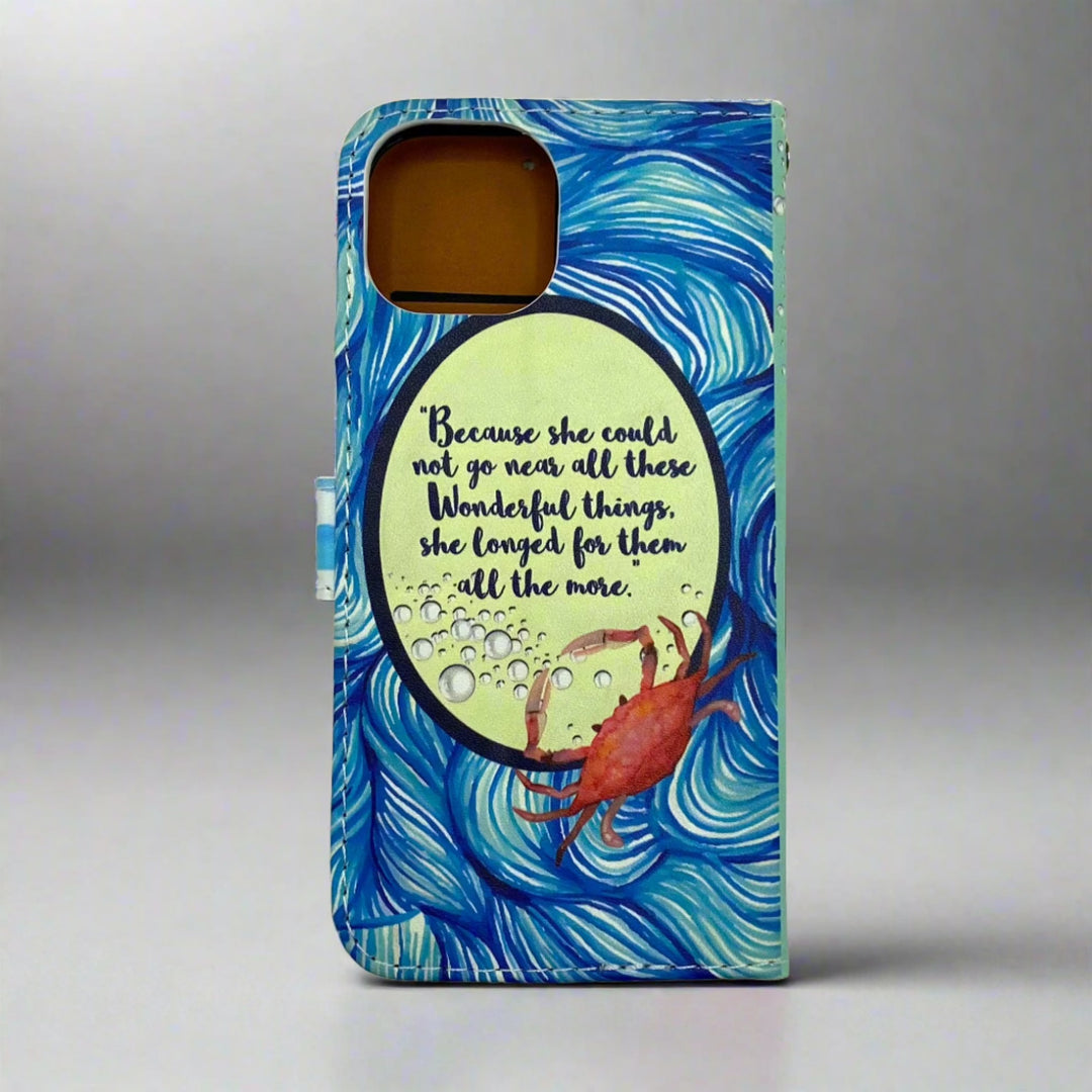 The back of a book-shaped phone case inspired by The Little Mermaid by Hans Christian Andersen.