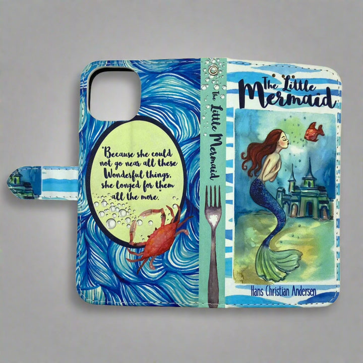 The front and back of a book-shaped phone case inspired by The Little Mermaid by Hans Christian Andersen.