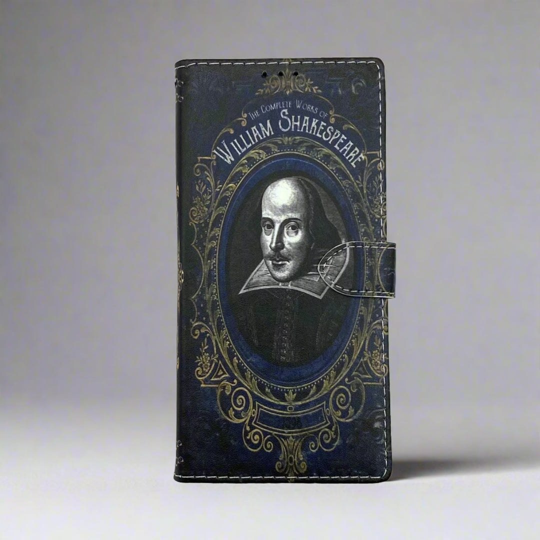 The front cover of a book-shaped phone case inspired by The Complete Works of William Shakespeare.