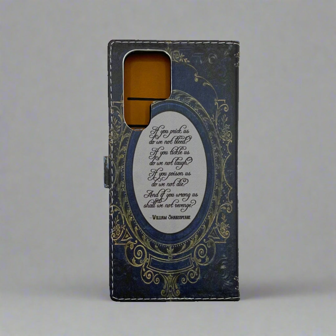 The back cover of a book-shaped phone case inspired by The Complete Works of William Shakespeare.