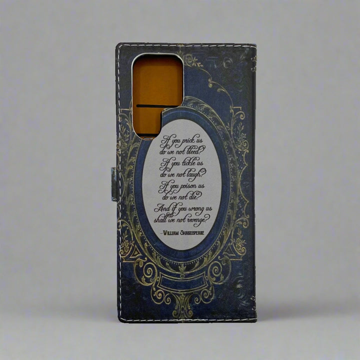 The back cover of a book-shaped phone case inspired by The Complete Works of William Shakespeare.