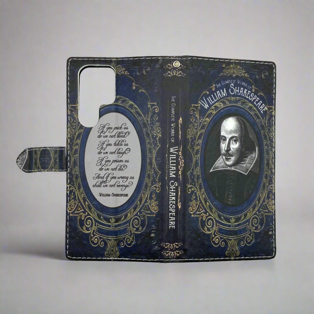 The front and back cover of a book-shaped phone case inspired by The Complete Works of William Shakespeare.