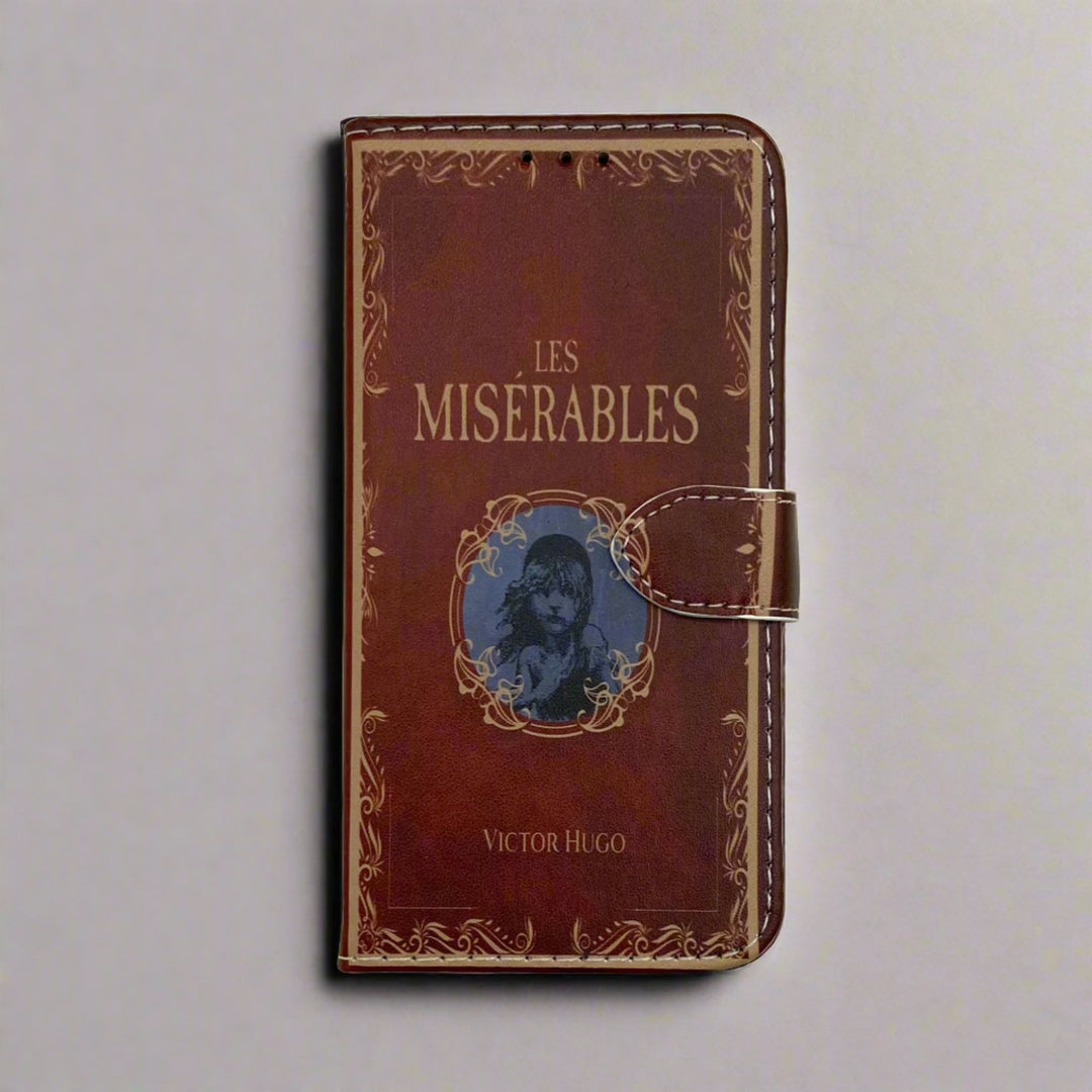 The front of a book shaped phone case inspired by Les Miserables by Victor Hugo.