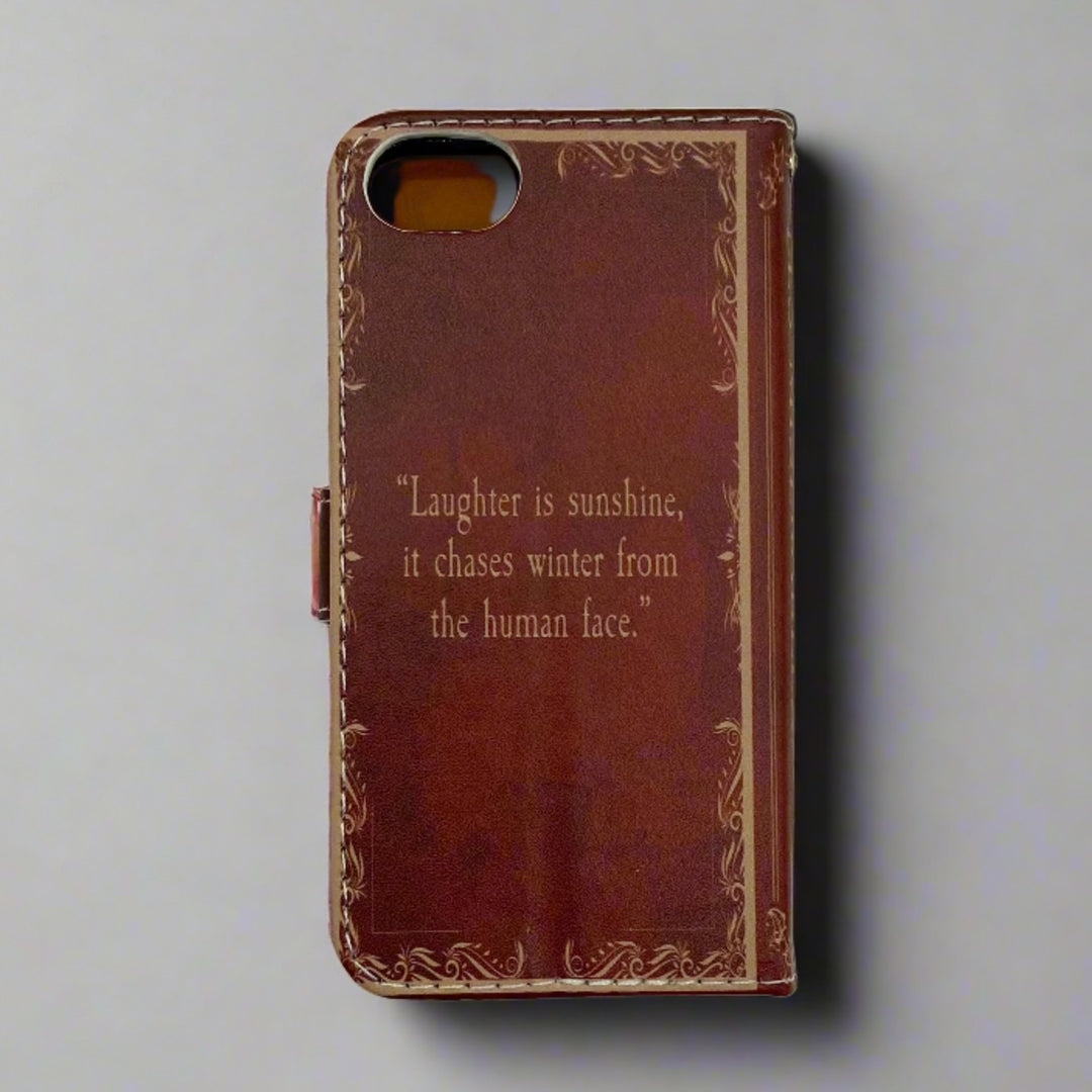 The back of a book shaped phone case inspired by Les Miserables by Victor Hugo.