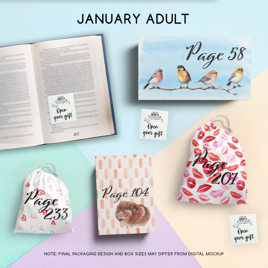 A collection of gifts in a digital mockup to represent what will be included in your order! An open book sits to the left of the image. On the book's page is a sticky note that reads 'Open Your Gift'. The page number in the book corresponds with one of the page numbers on the gift packaging laying on the surrounding background.