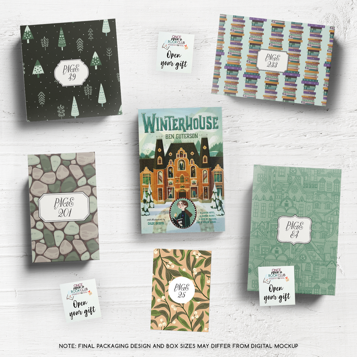 A collection of gifts in a digital mockup to represent what will be included in your order! An copy of Winterhouse by Ben Guterson sits in the middle of the image. Surrounding the book are 