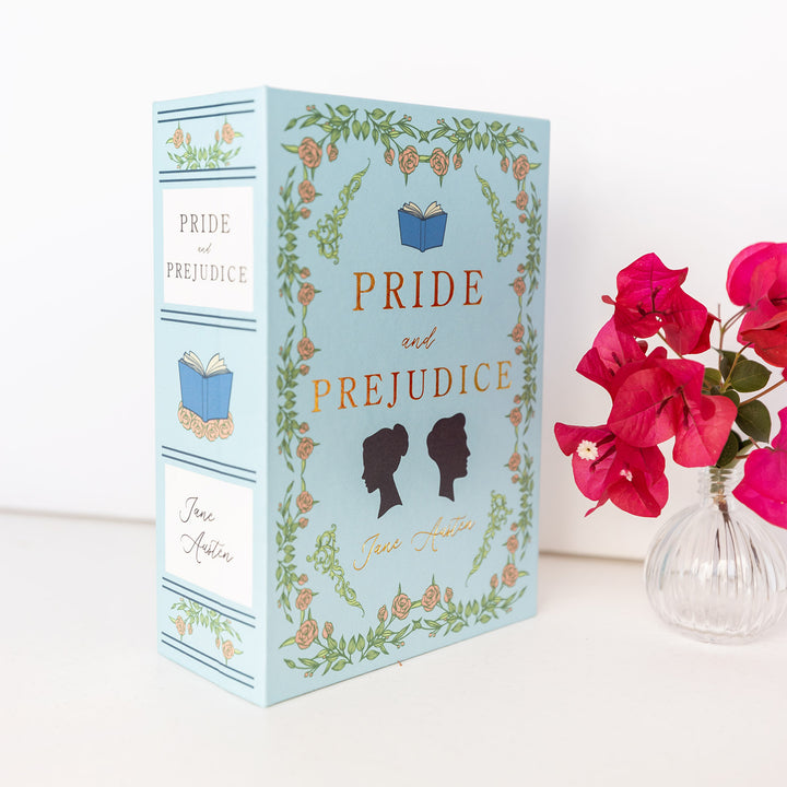 The Pride and Prejudice book-shaped jewelry box showing the front "cover" and the "spine" design.