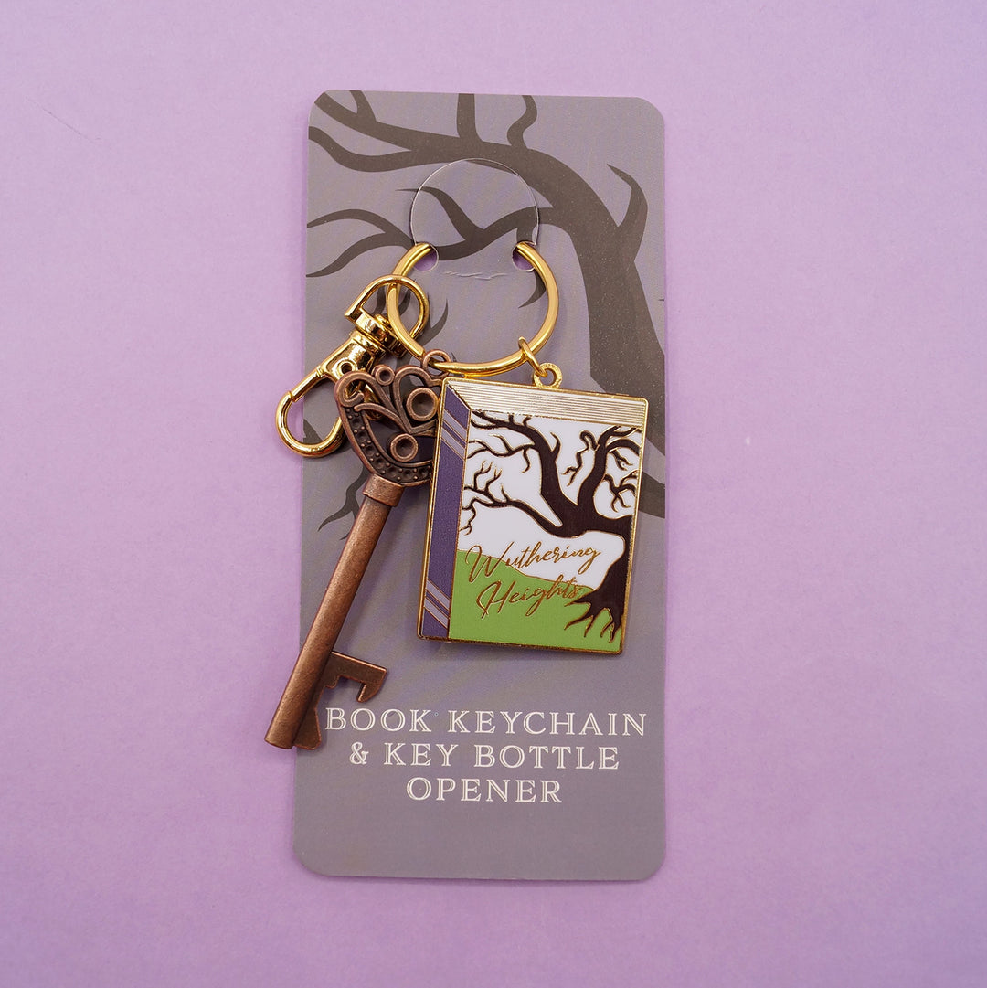 A book keychain with the front cover image of Wuthering Heights on a gold key ring with a key bottle opener.