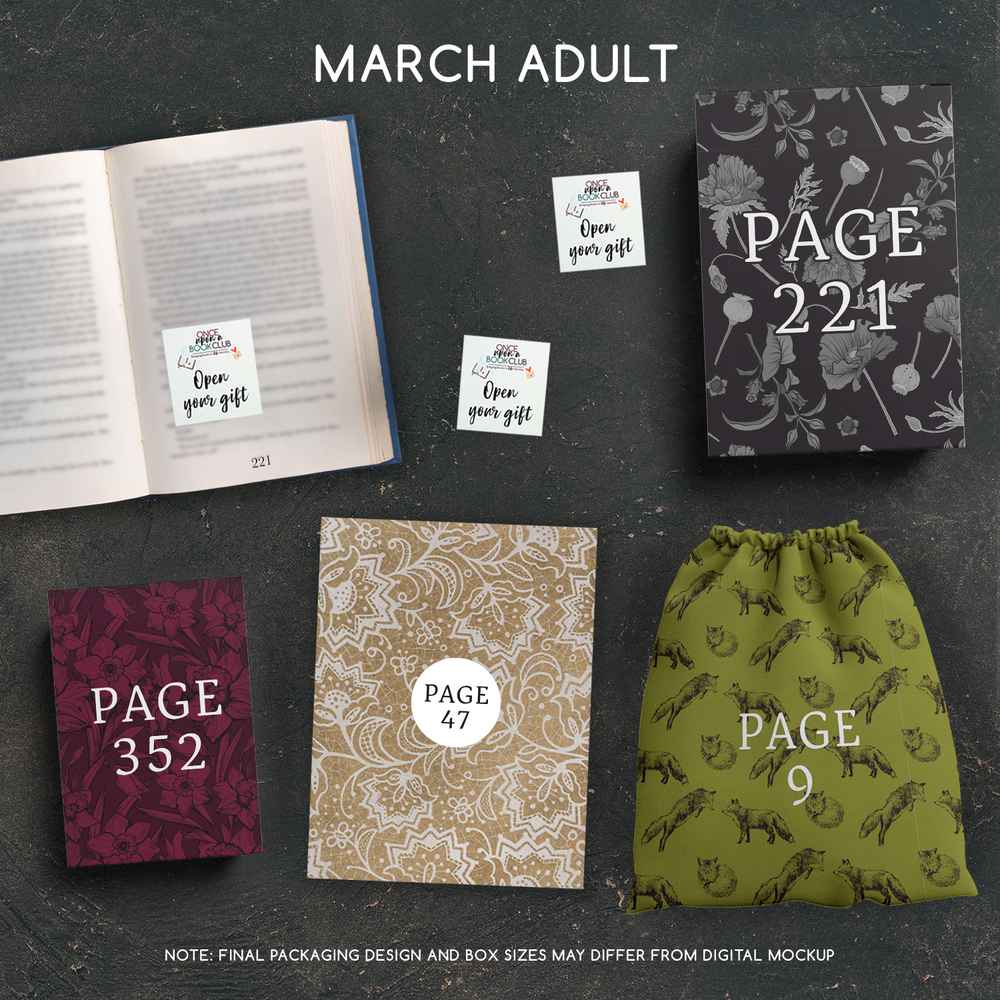 March Adult Book Club gifts are designed in aesthetic packaging colors and patterns to match the book cover/theme of the novel. Each gift is labeled with a page number, signifying when the gift is described within the story.