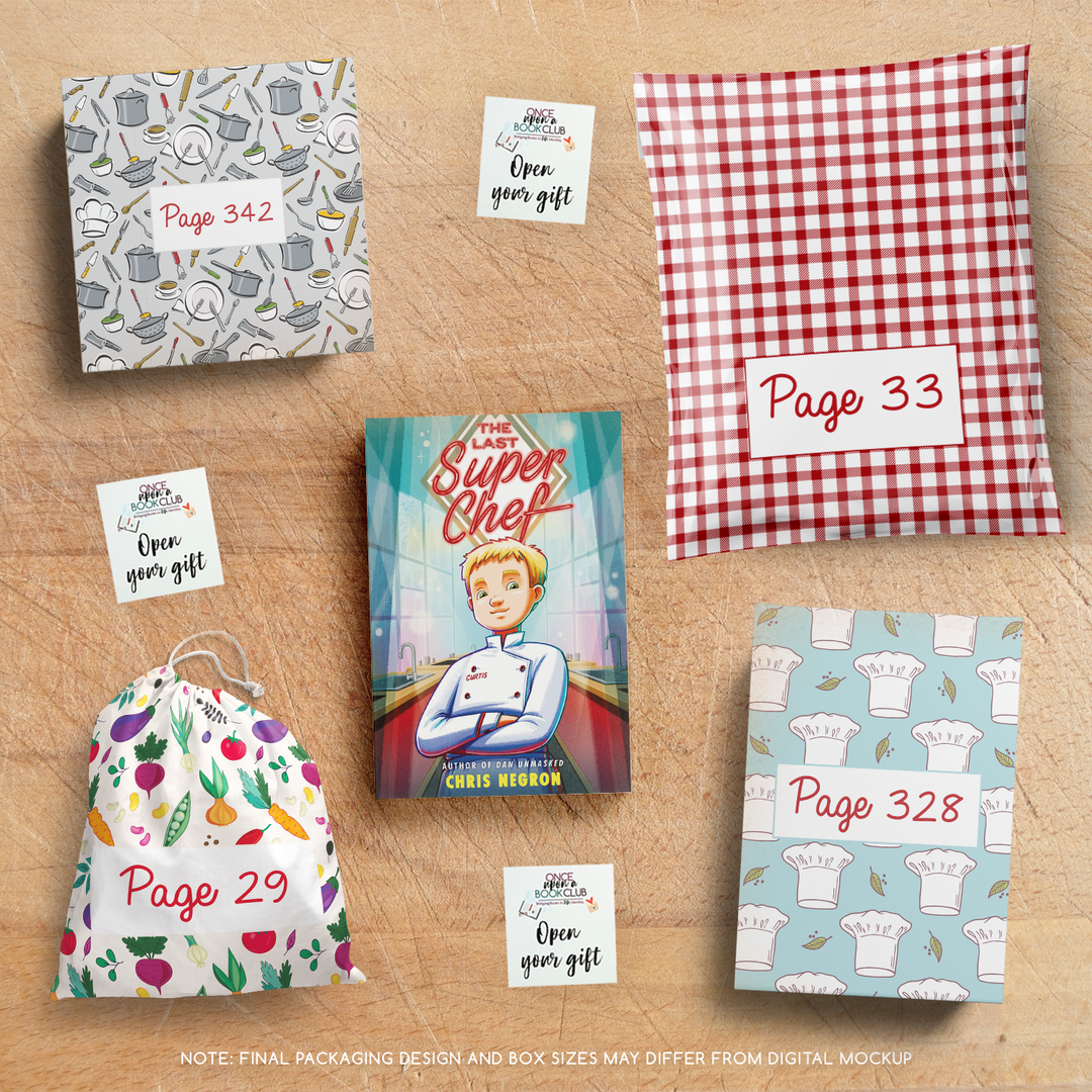 March Tween Book Club mockup with page-numbered gifts and vibrant, themed packaging designs.