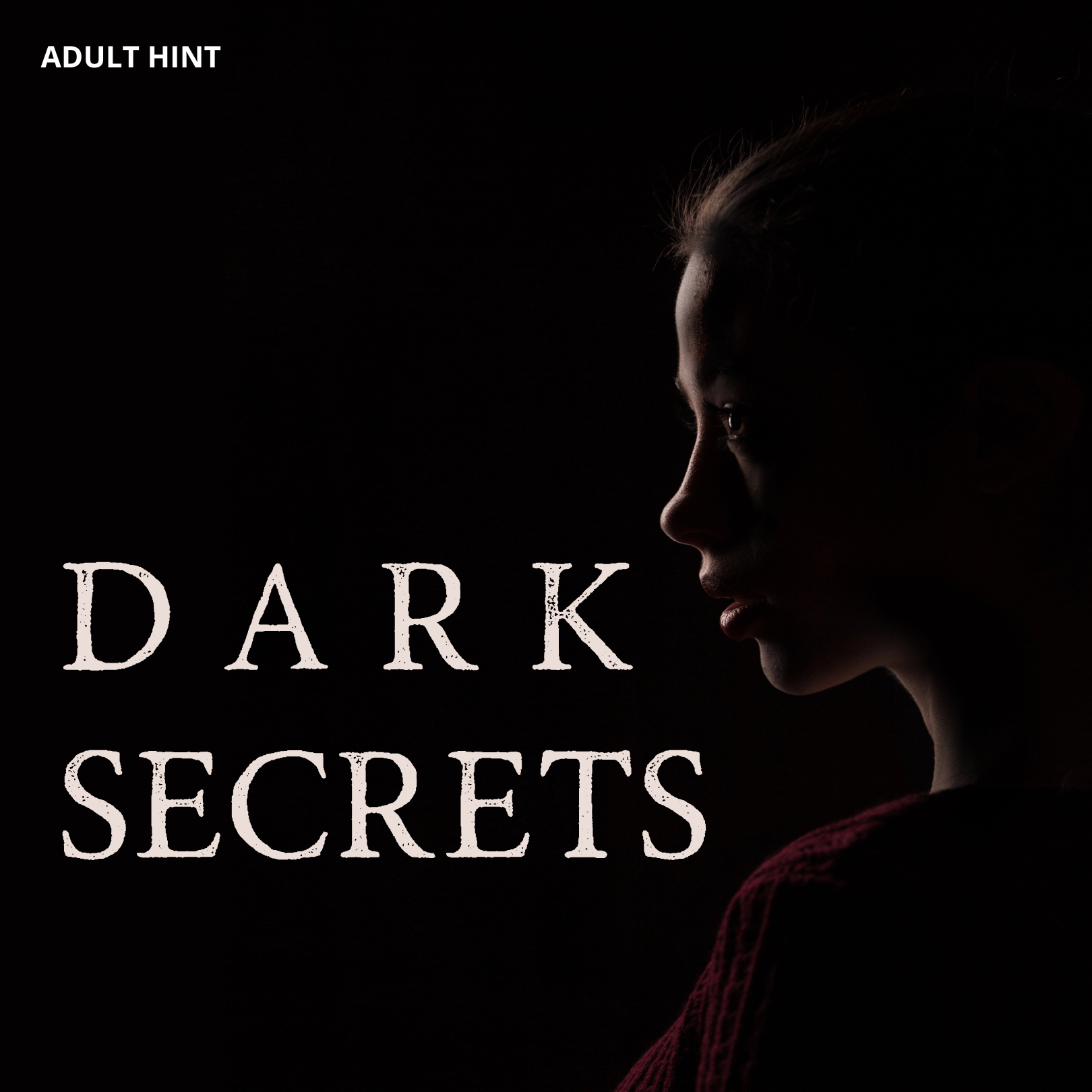 A dark image featuring the profile of a woman looking into a sliver of light. She wears a red sweater and her hair is pulled back. The words 