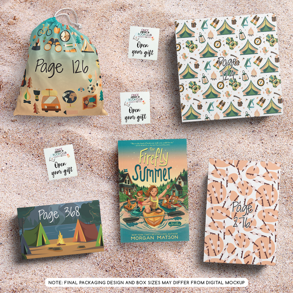 May Tween Book Club mockup with page-numbered gifts and vibrant, themed packaging designs.