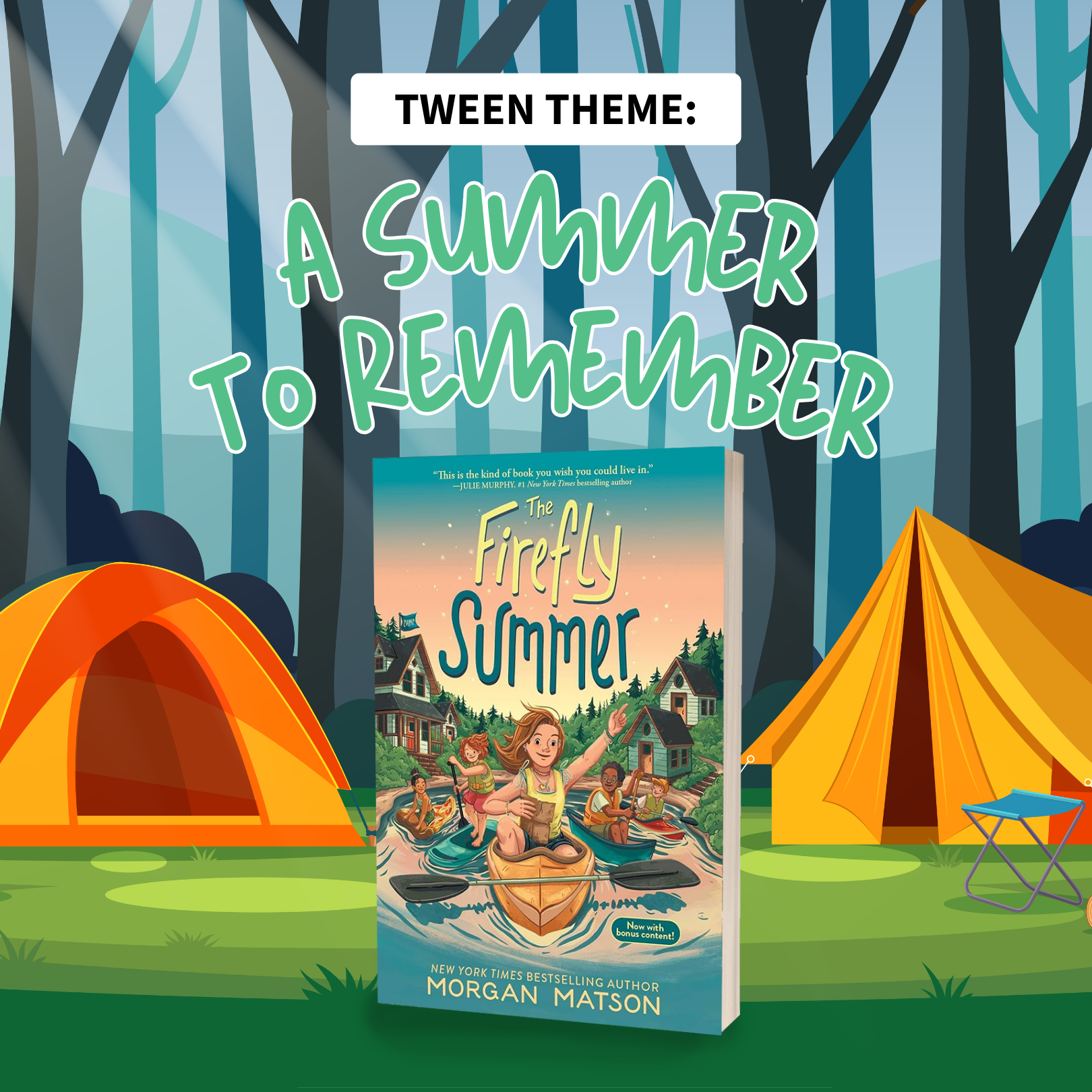 Tween Theme: An illustrated campsite with yellow tents and the silhouettes of trees in the background! The words 