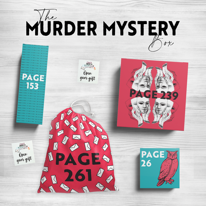 A white wood background is covered with wrapped gifts labeled with page number. The words "The Murder Mystery Box" are written across the top of the image.