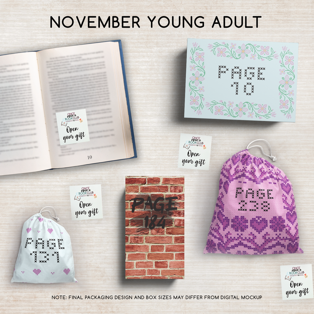 November Young Adult package featuring page-themed gifts and packaging, styled with book club notes.