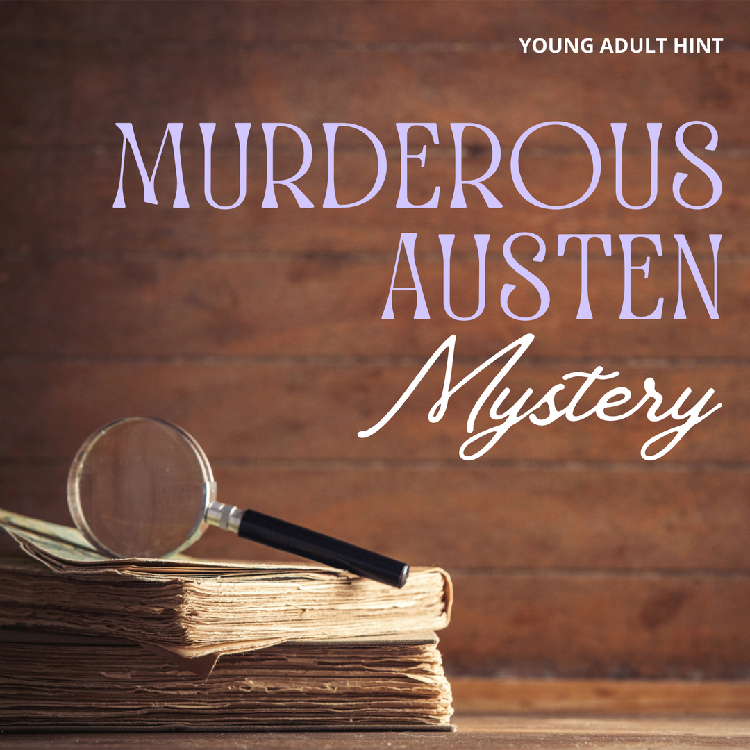 Magnifying glass on old books with text "Murderous Austen Mystery" and "Young Adult Hint" displayed.