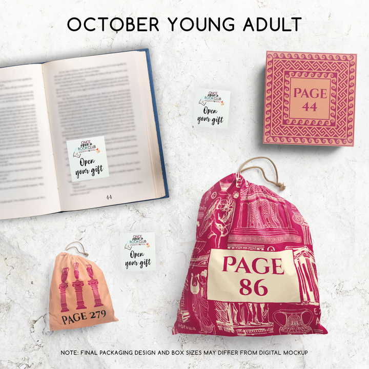 A collection of gifts in a digital mockup to represent what will be included in your order! An open book sits to the left of the image. On the book's page is a sticky note that reads 'Open Your Gift'. The page number in the book corresponds with one of the page numbers on the gift packaging laying on the surrounding background.