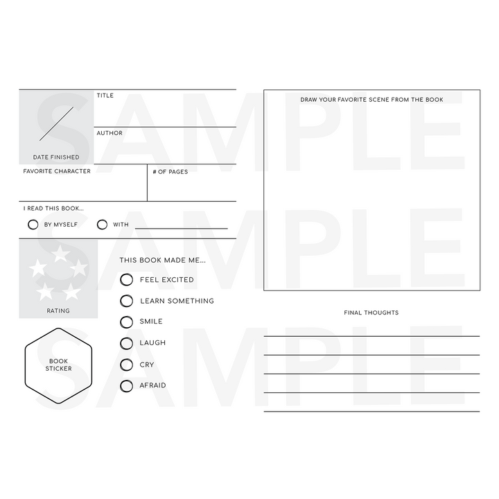 A screenshot of the interior of the passport. Each page includes spots for the date finished, title, author, favorite character, number of pages, who you read the book with, the rating, how the book made you feel, a space for a collectible book sticker, a space to draw your favorite scene from the book, and five lines to add your thoughts about the book.