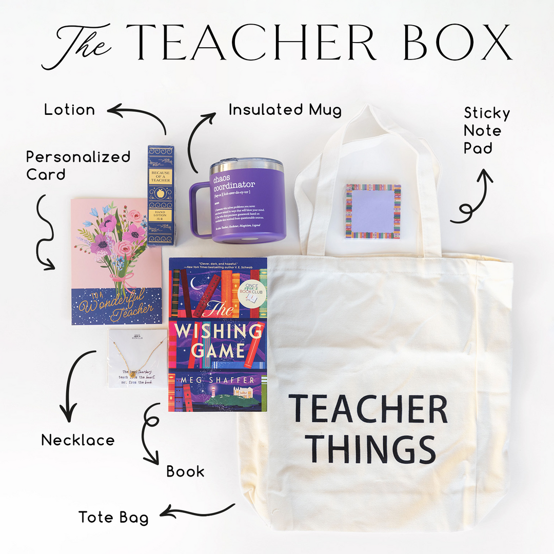 The Teacher Box: a copy of The Wishing Game by Meg Shaffer, an insulated coffee mug, a sticky note pad, a tote bag, lotion, a necklace, and a personalized card.