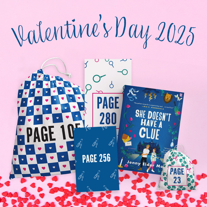 A pink background with red heart confetti sprinkled along the bottom of the image. A copy of "She Doesn't Have a Clue" by Jenny Elder Moke is surrounded by four wrapped gifts labeled with page numbers. The words "Valentine's Day 2025" are written in blue script across the top of the image.