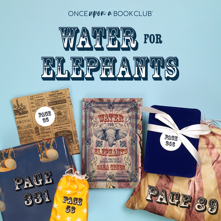 Once Upon a Book Club Water for Elephants - a hardcover exclusive edition of Water for Elephants and 5 wrapped gifts labeled with page numbers on a blue background.