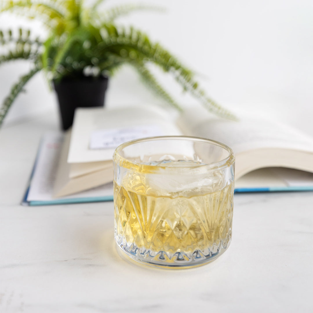 a whiskey glass filled with liquid sits in front of an open book that is in front of a plant