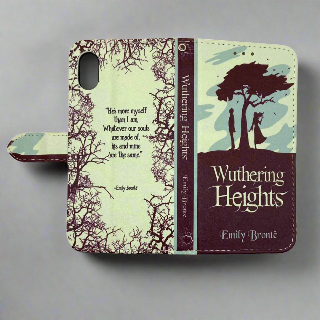 The front and back of a book-shaped phone case inspired by Wuthering Heights by Emily Bronte. 