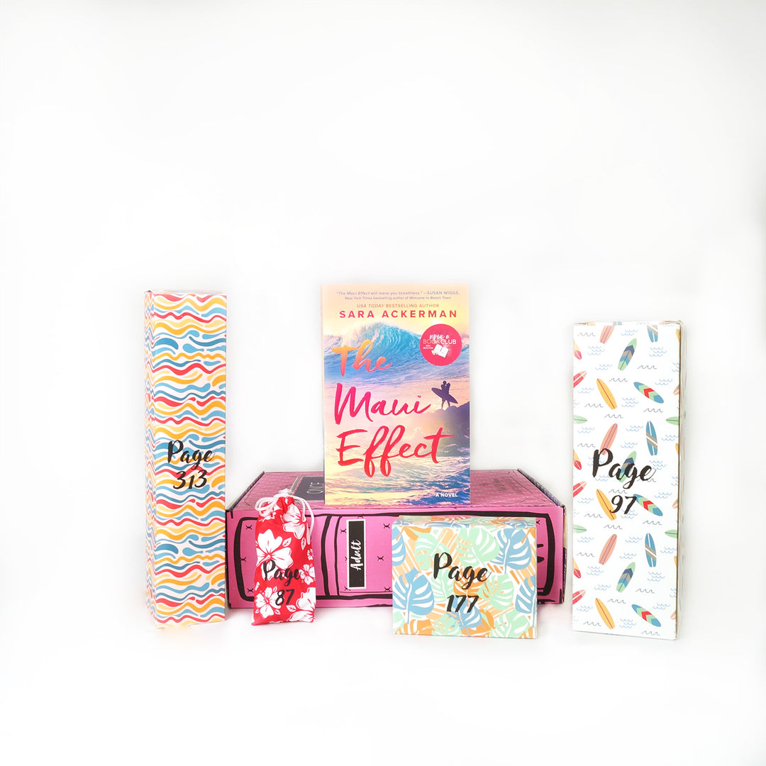 A paperback edition of The Maui Effect stands on a pink OUABC box. In front of the box are 4 themed wrapped gifts labeled with page numbers.